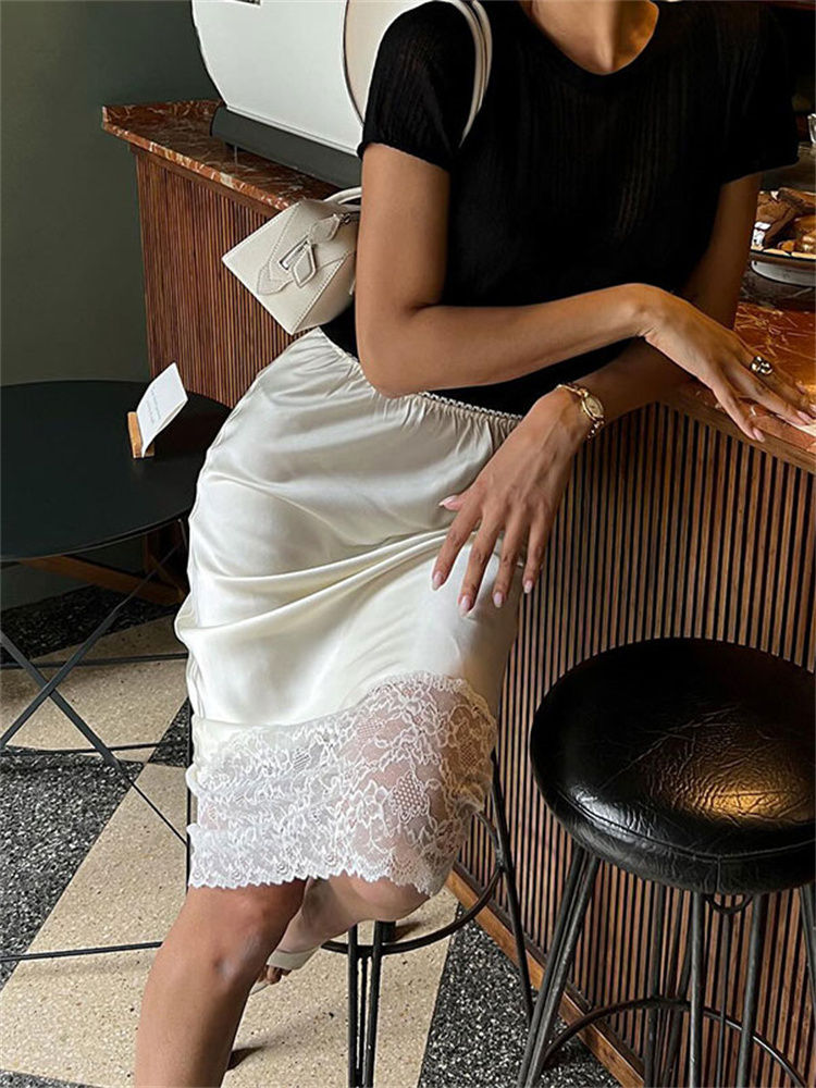 Tossy White Casual Lace Long Skirt For Women Slim High Waist Patchwork Elegant C