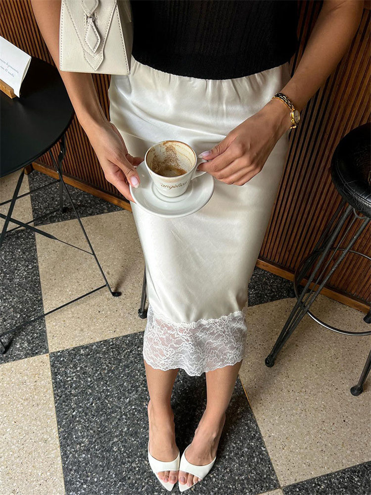 Tossy White Casual Lace Long Skirt For Women Slim High Waist Patchwork Elegant C