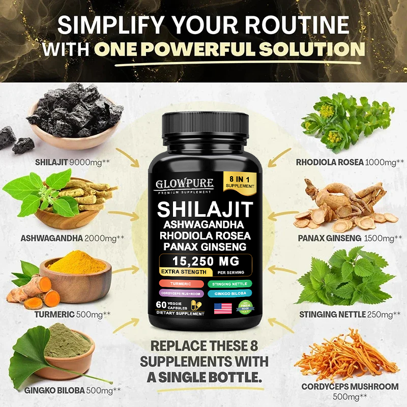 Shilajit 8-in-1 Supplement with Ginseng & Ashwagandha Supports Brain Memory Ener