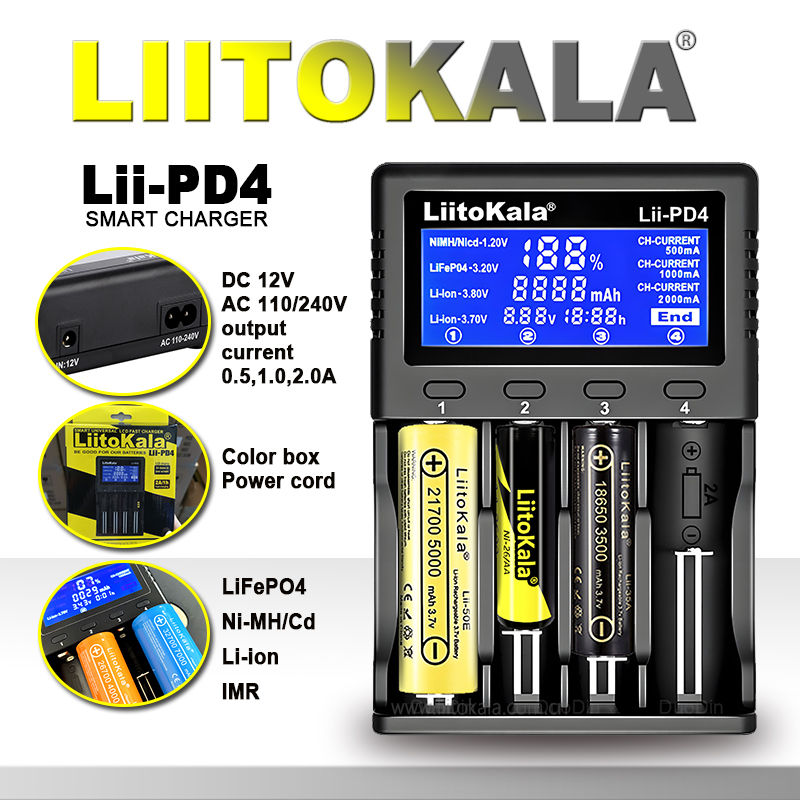 LiitoKala Lii-PD4/PD2 AC PD Charger LCD Fast Charging 4/2-Bay for 21700/18650/AA