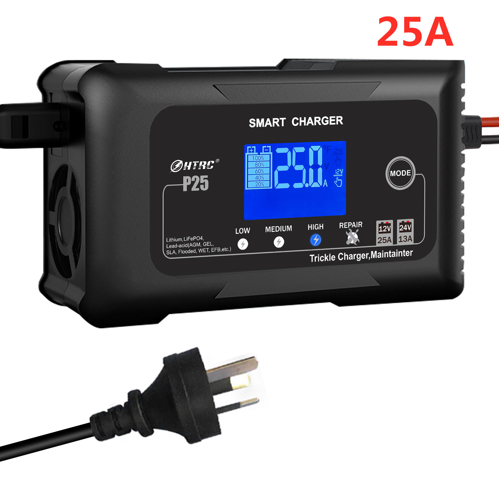 HTRC 25A Car Battery Charger 12V 24V Puls Repair Charger for Lead Acid LiFePO4 A