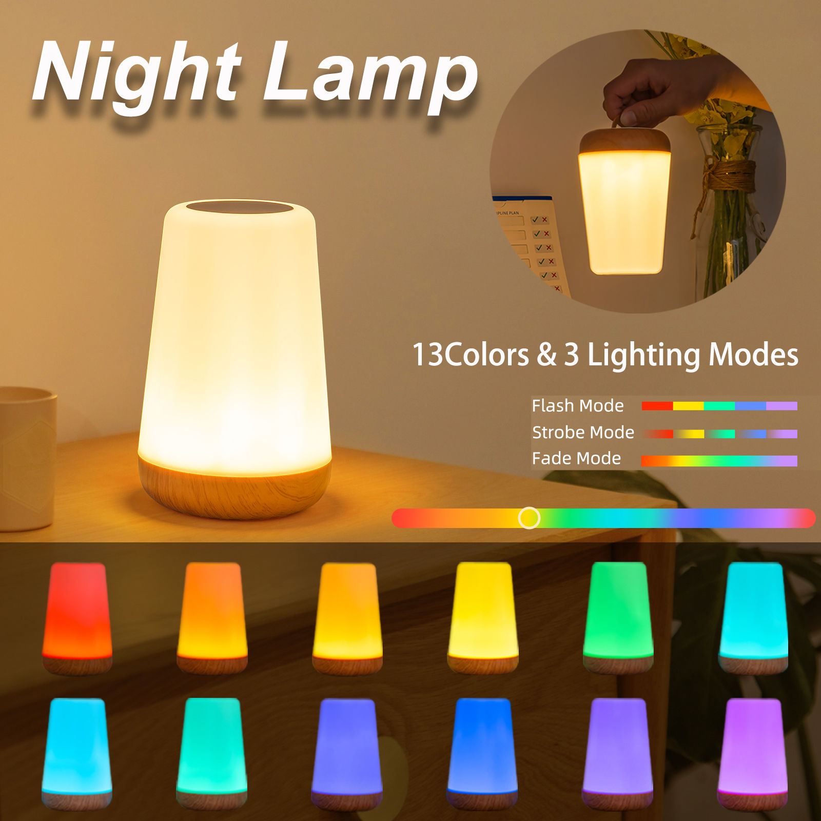 13 RGB Color Changing Portable Bedside Lamp Dimmable Remote Control USB Recharge