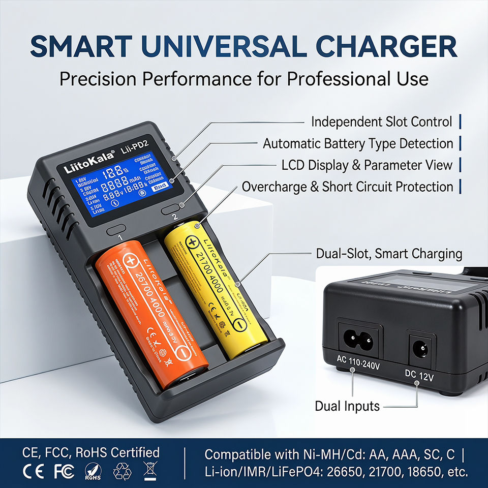 LiitoKala Lii-PD2 Universal Smart Charger 2 Slots LCD Display For 18650 26650 32