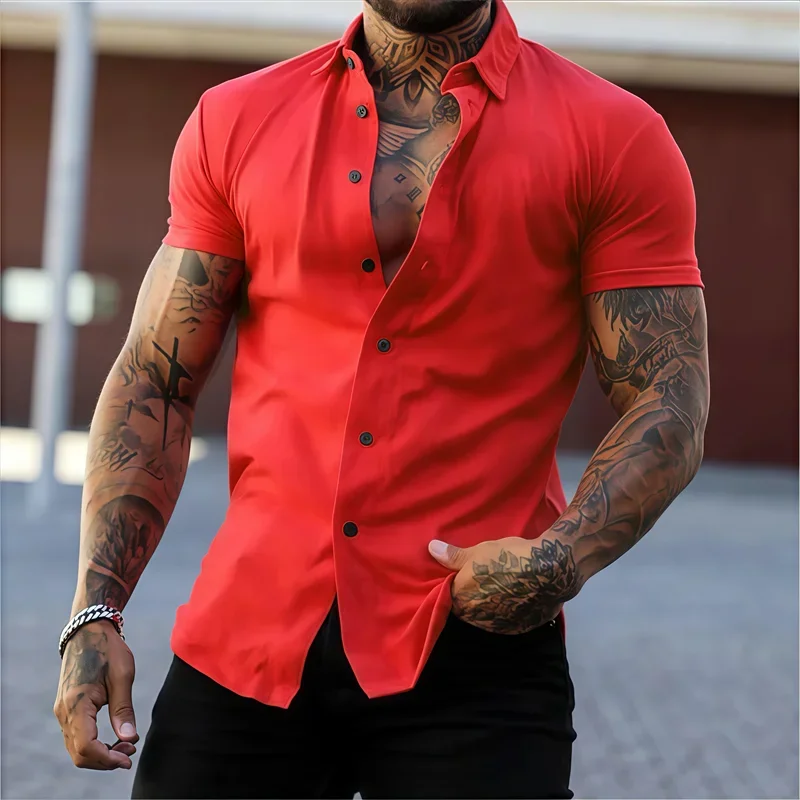 Men's Lapel Solid Color Short Sleeve Shirt Elastic Thin Casual Cardigan Non-iron
