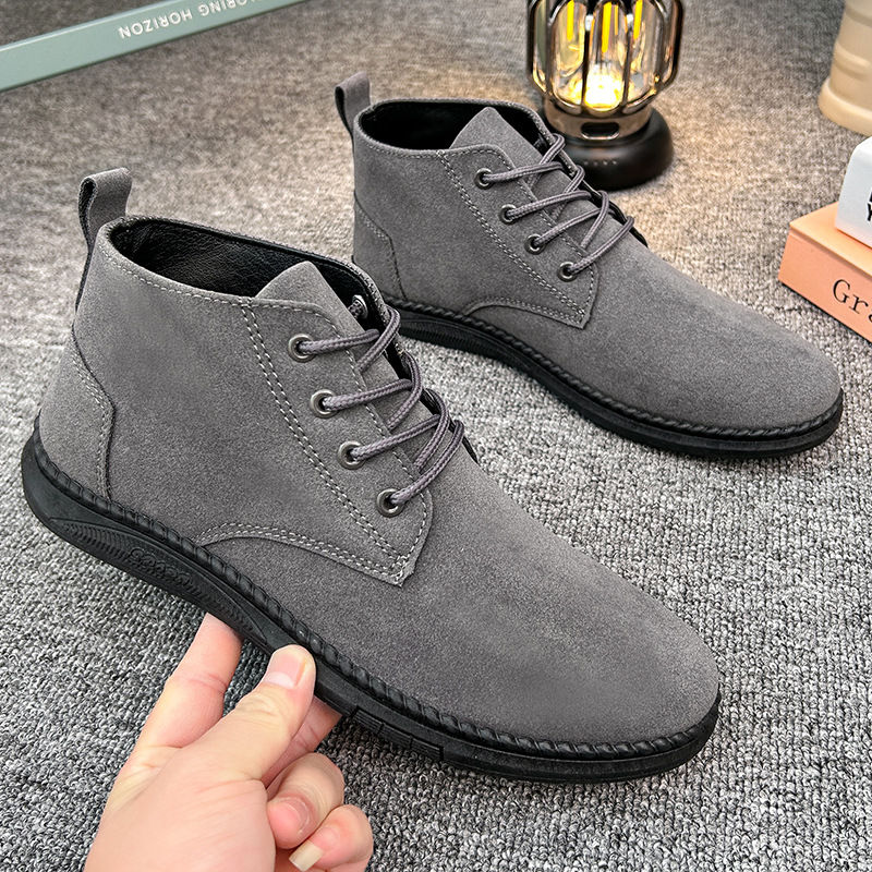 High Top Casual Grey Suede Shoes Men's Lace Up Black Flat Bottom Short Boots Men