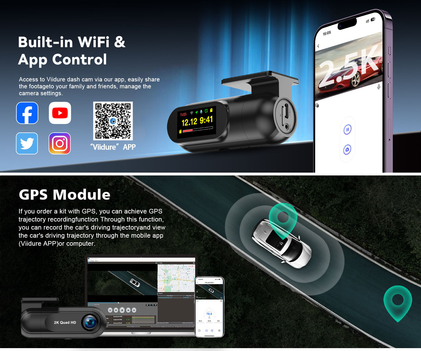 UHD 2.5K 2560*1440P Dash Cam WiFi GPS Front 2K DVR Video Recorder 24H Parking Ni product image 6