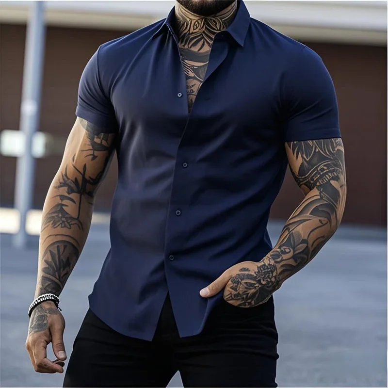 Men's Lapel Solid Color Short Sleeve Shirt Elastic Thin Casual Cardigan Non-iron
