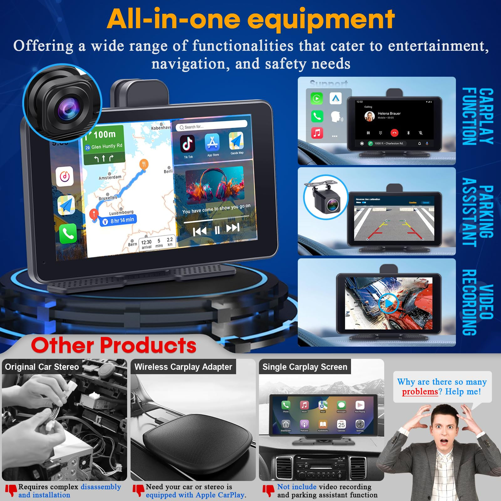 Wireless for CarPlay Dash Cam 7" Touch Screen 8.3MP 170 Angle Car Backup Camera