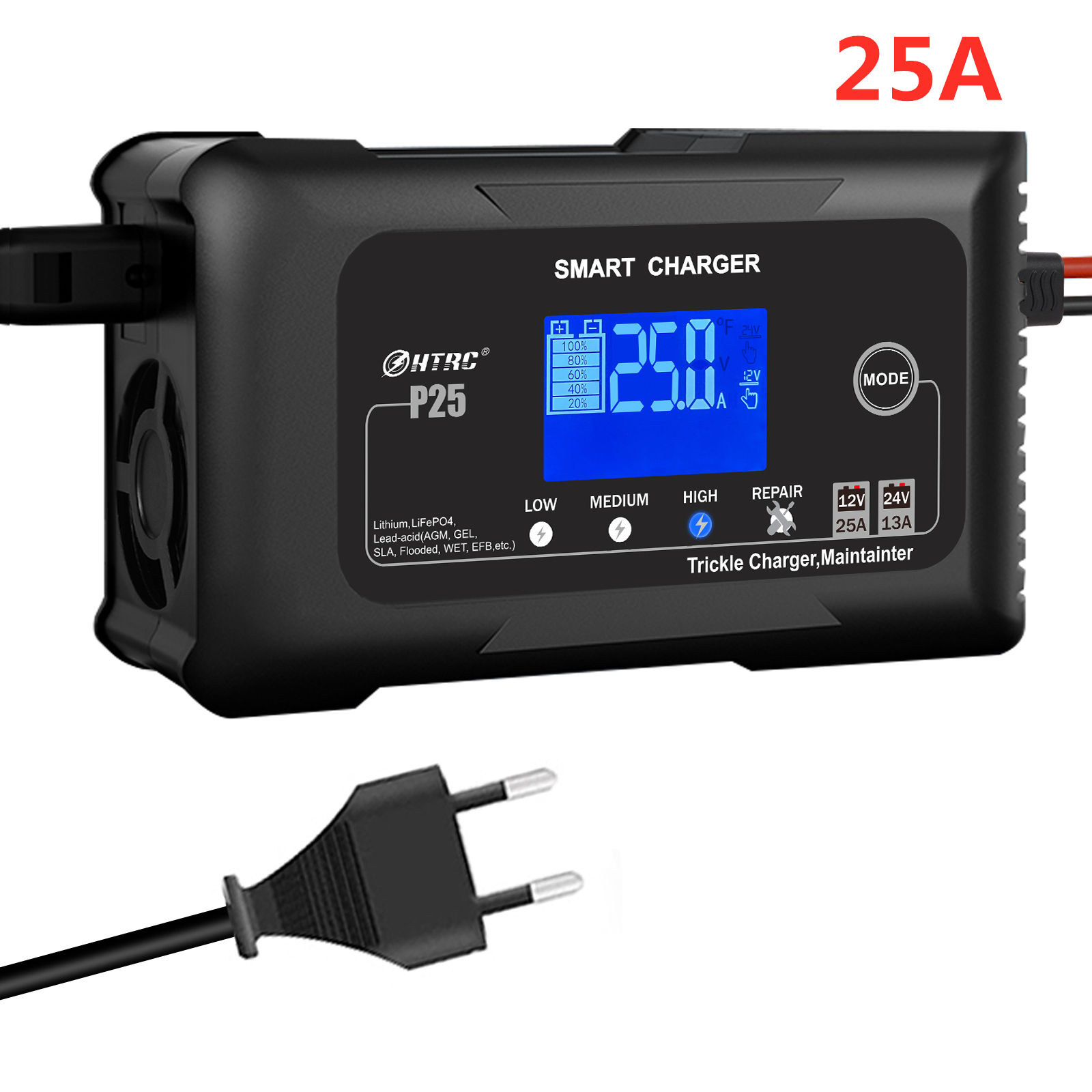 HTRC 25A Car Battery Charger 12V 24V Puls Repair Charger for Lead Acid LiFePO4 A