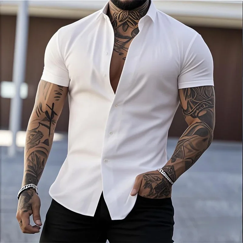 Men's Lapel Solid Color Short Sleeve Shirt Elastic Thin Casual Cardigan Non-iron