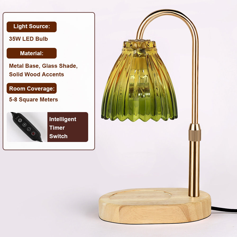 Candle Warmer Lamp with Timer Dimmable,Retro Wooden Base Glass Lampshade Warm At