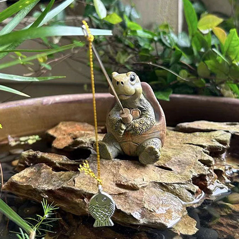 Creative Rope Fishing Turtle Statue Cute Simulation Turtle Resin Figurine Animal