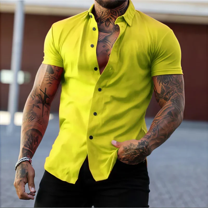 Men's Lapel Solid Color Short Sleeve Shirt Elastic Thin Casual Cardigan Non-iron
