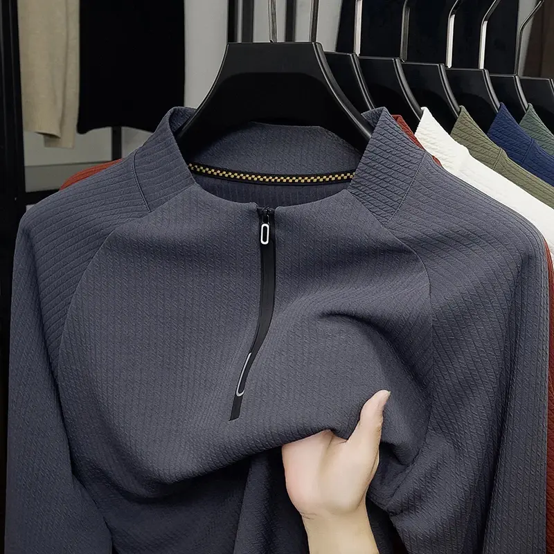 Autumn and Winter Men's Velvet Hoodie Long Sleeve Zipper T-shirt Solid Color Fas