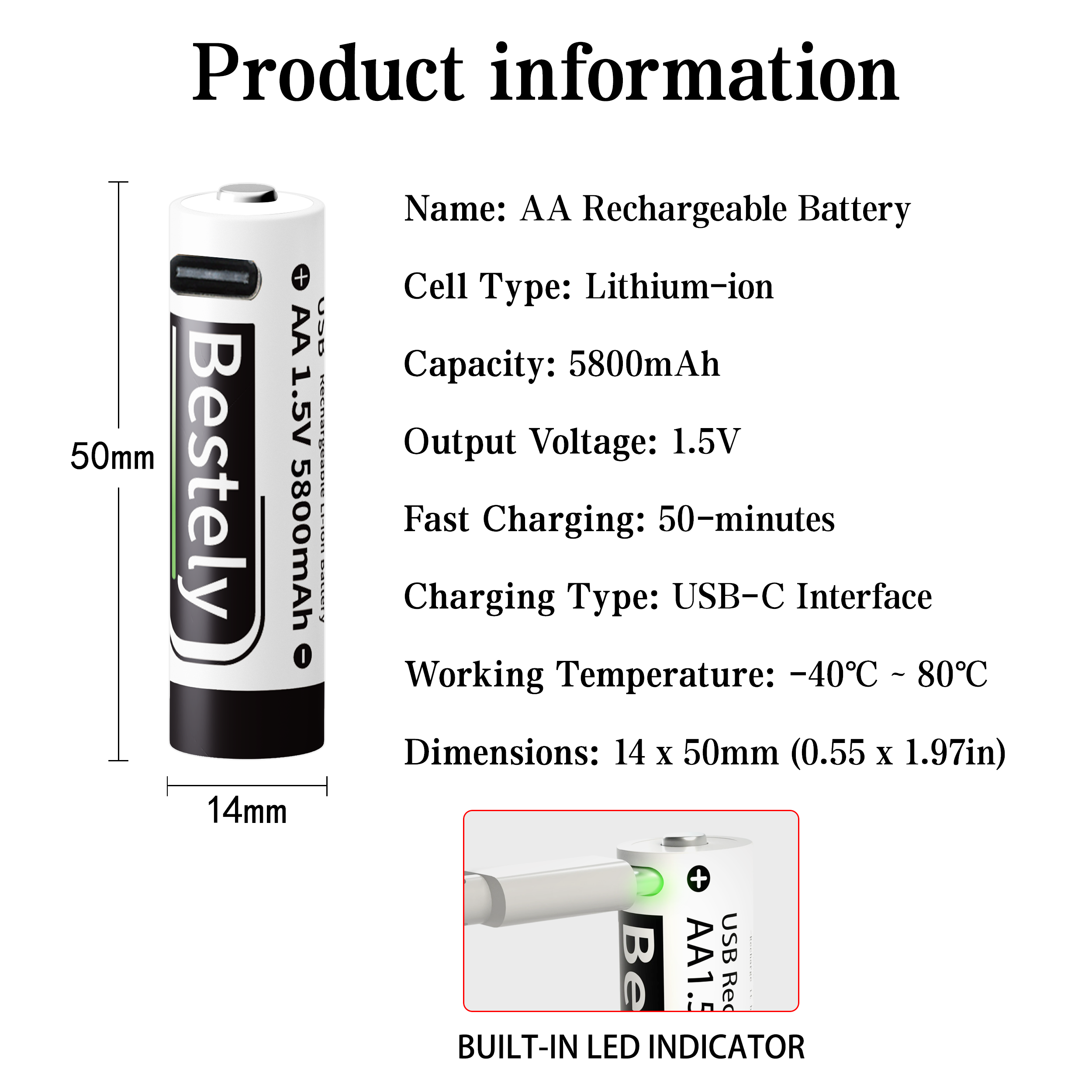 AA Rechargeable Batteries 1.5V 5800mAh Li-ion Battery Long-Lasting High Capacity
