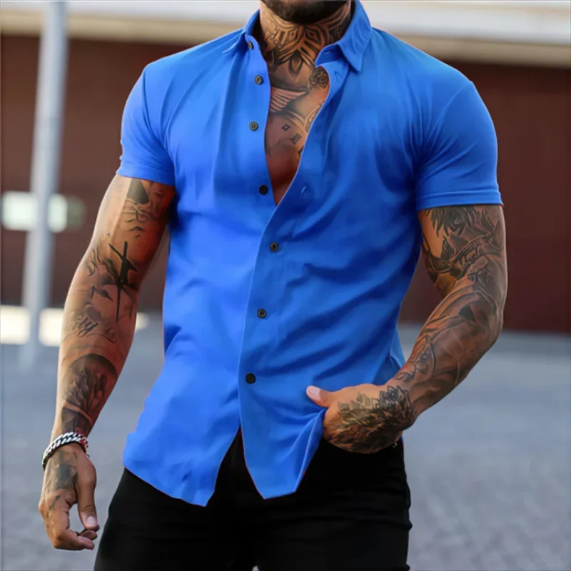 Men's Lapel Solid Color Short Sleeve Shirt Elastic Thin Casual Cardigan Non-iron