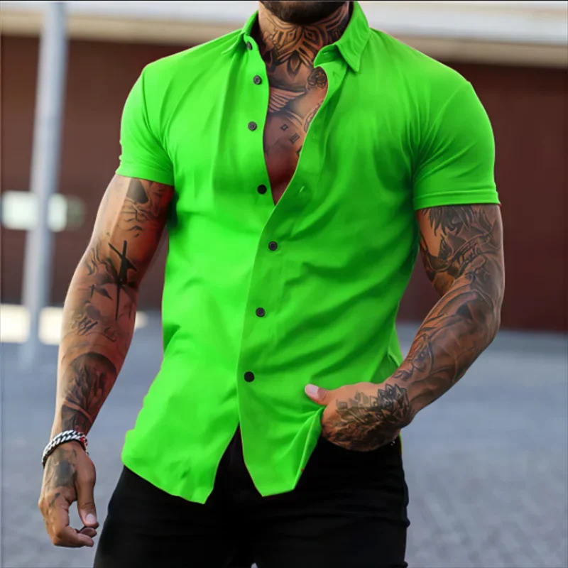 Men's Lapel Solid Color Short Sleeve Shirt Elastic Thin Casual Cardigan Non-iron