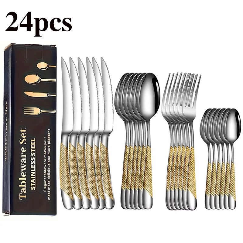 24pcs stainless steel tableware set, including knife, fork, spoon and coffee spo