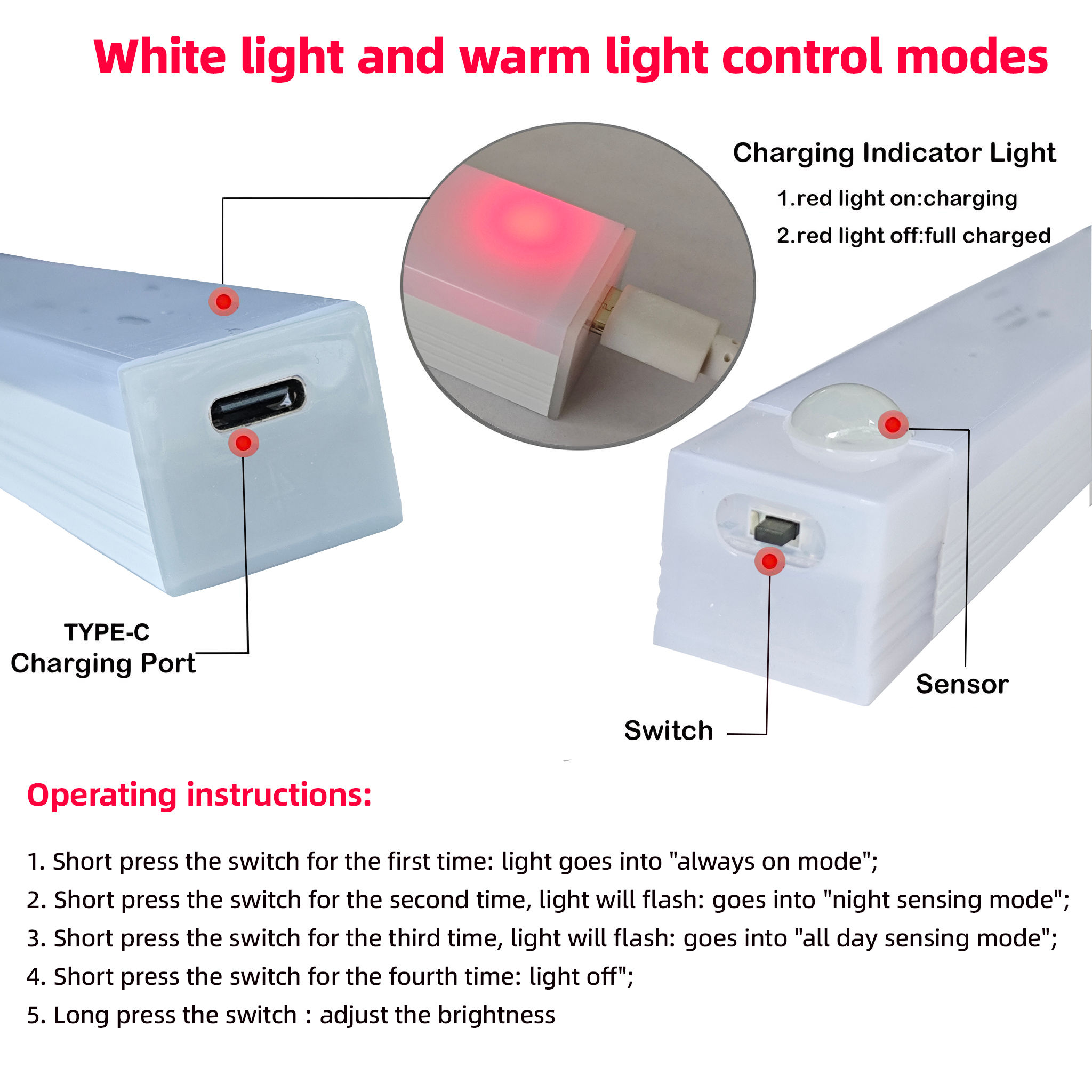 Motion Sensor Lamp Night Light Wireless LED USB Type C Rechargeable Lamp for Kit
