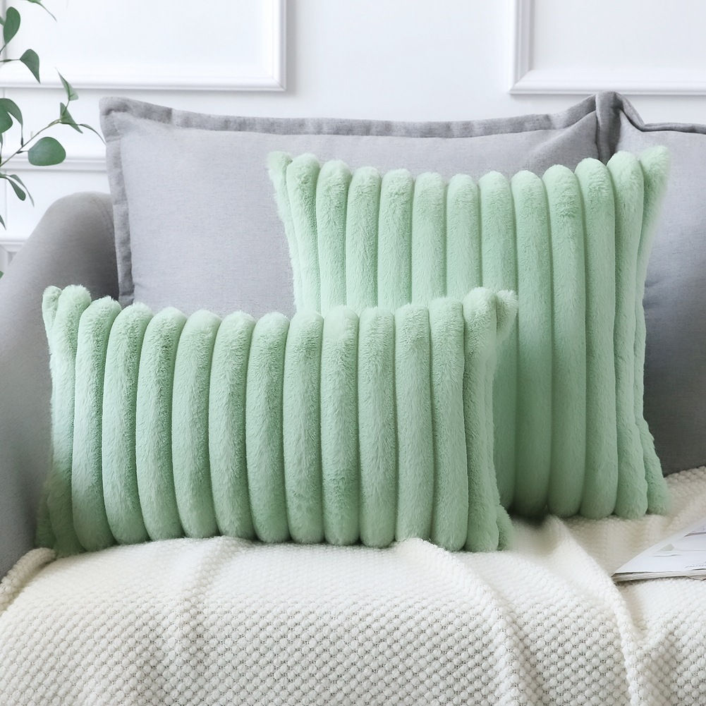 Solid Color Soft Plush Pillowcase Square Faux Rabbit Fur Ribbed Cushion Cover So