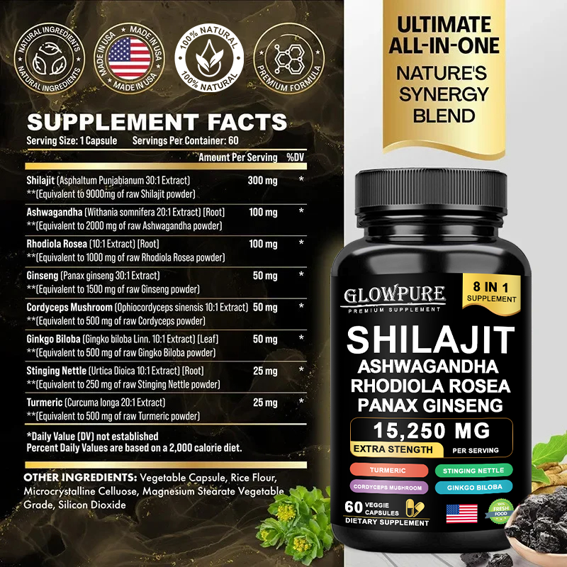 Shilajit 8 in 1 Supplement Ginseng Ashwagandha Supports Brain Memory Ener