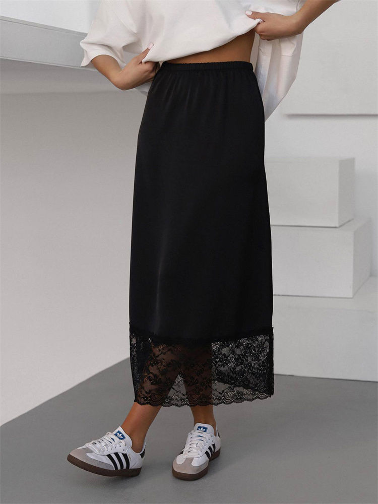 Tossy White Casual Lace Long Skirt For Women Slim High Waist Patchwork Elegant C