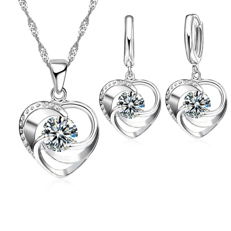 925 Sterling Silver Stamped Necklace Earrings Set Long Chain Sweet Romantic Styl