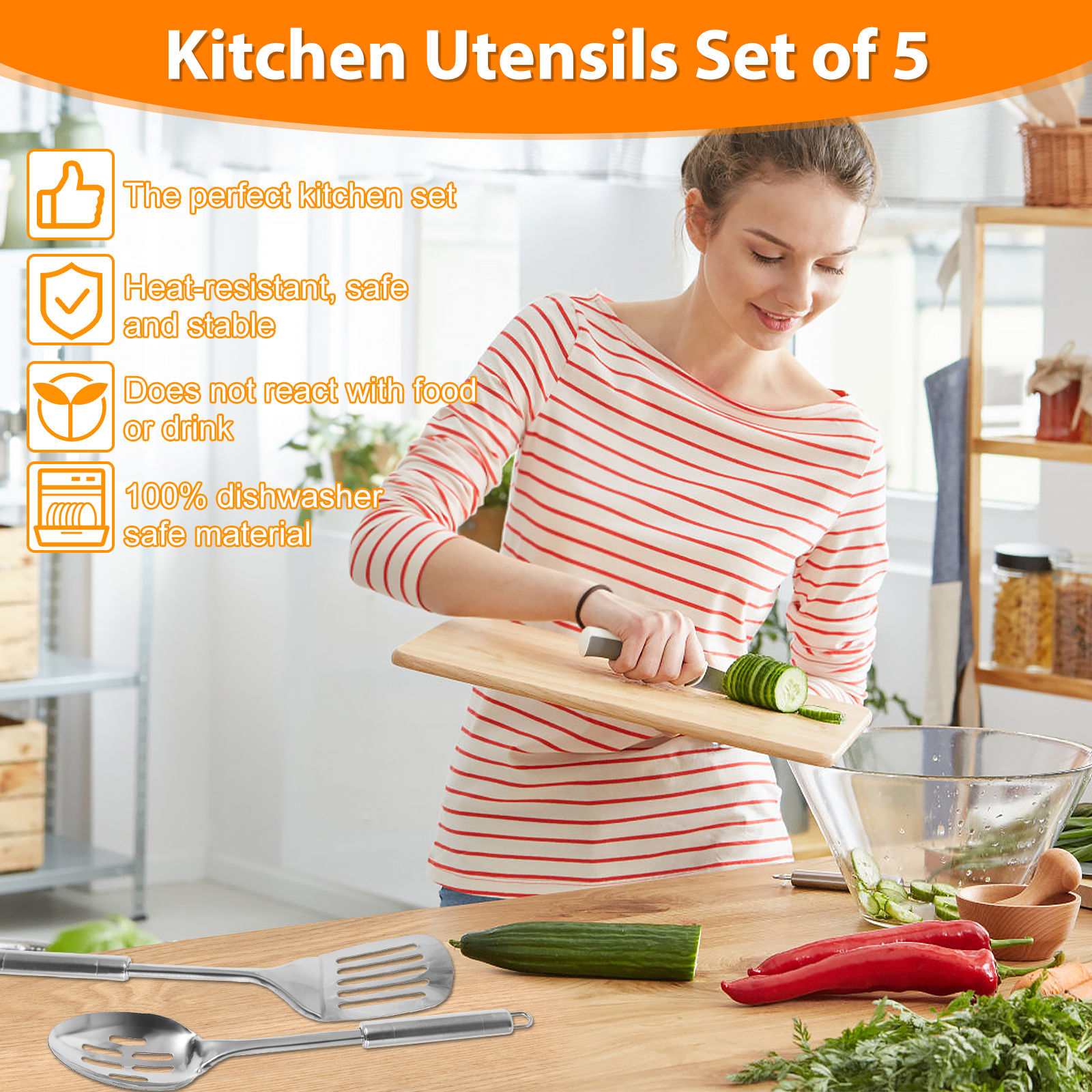 5Pcs Kitchen Cooking Utensils Set Stainless Steel Shovel Soup Spoon Spatula Uten