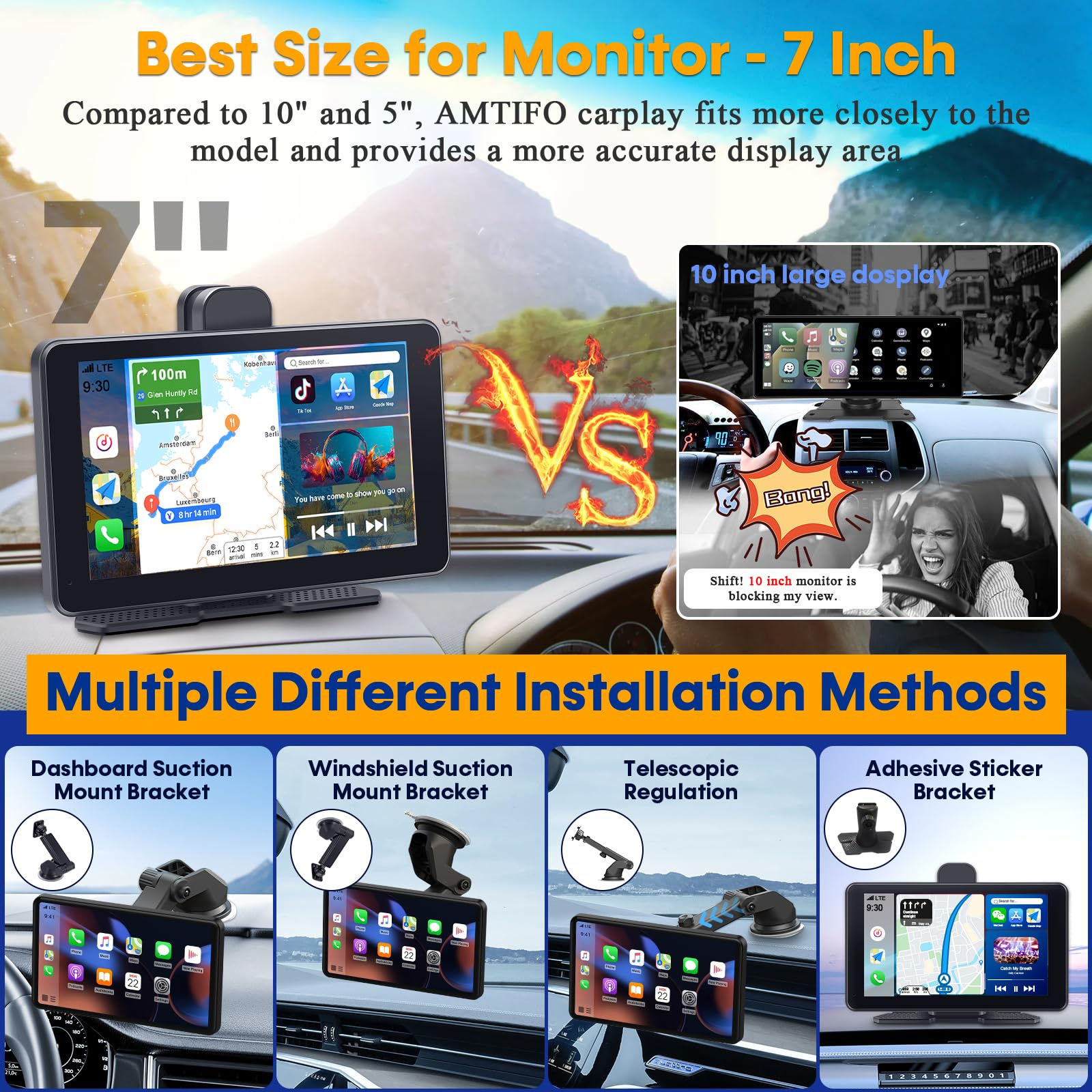Wireless for CarPlay Dash Cam 7" Touch Screen 8.3MP 170 Angle Car Backup Camera