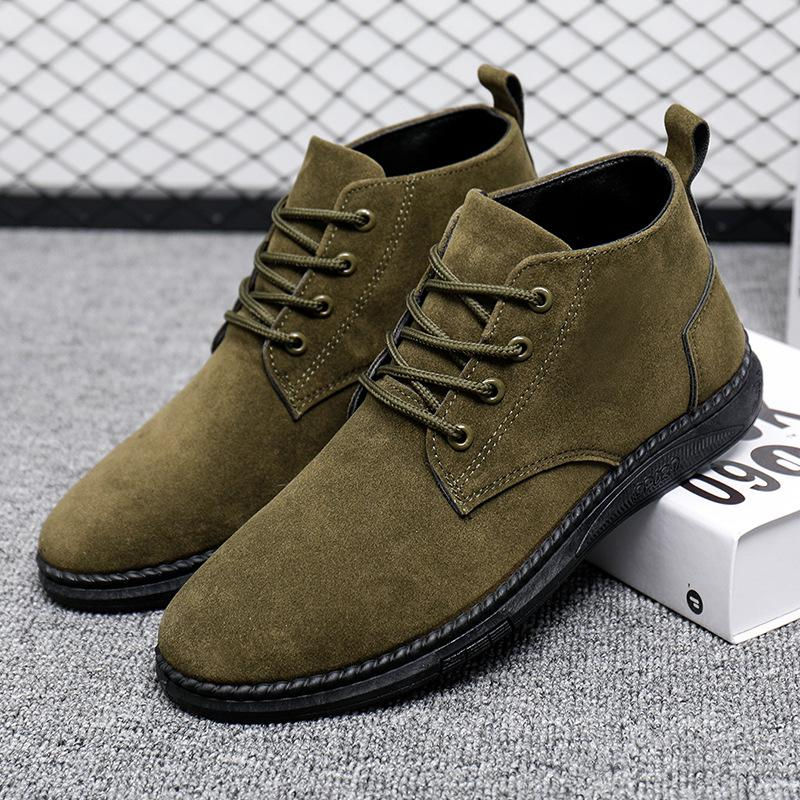 High Top Casual Grey Suede Shoes Men's Lace Up Black Flat Bottom Short Boots Men
