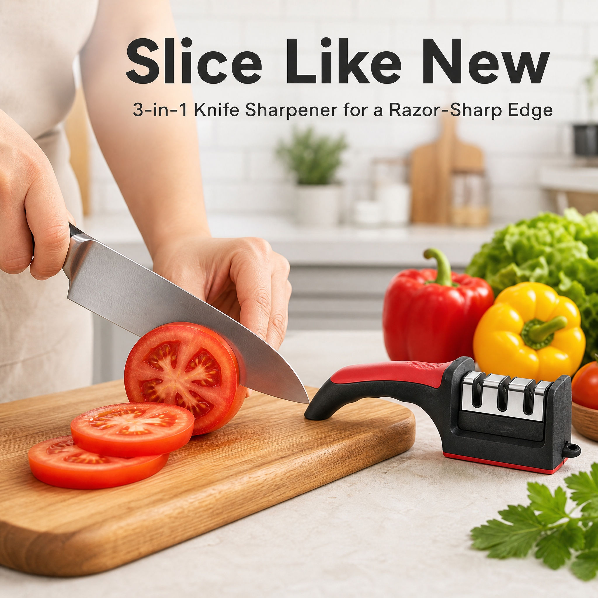 3-in-1 Knife Sharpener with 3 Tungsten Steel Stages, 21cm Sharpener for Chef & K