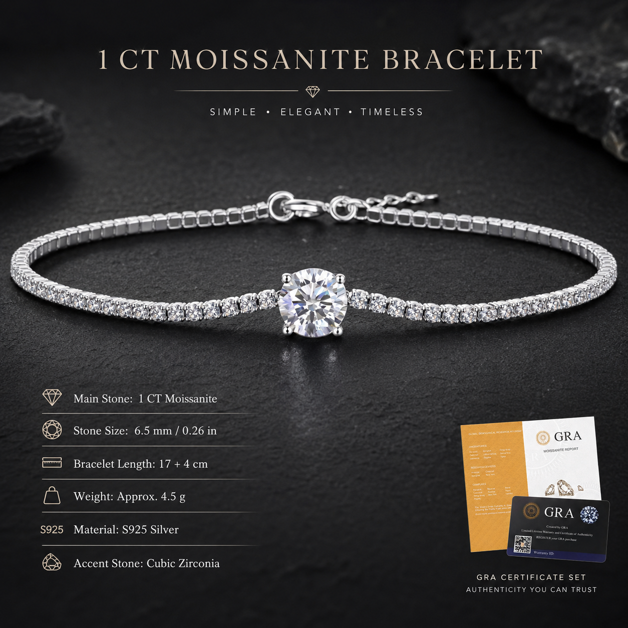 Moissanite Tennis Bracelet for Women 1CT 6.5mm Round Cut Solitaire S925 Sterling