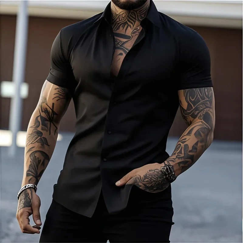 Men's Lapel Solid Color Short Sleeve Shirt Elastic Thin Casual Cardigan Non-iron