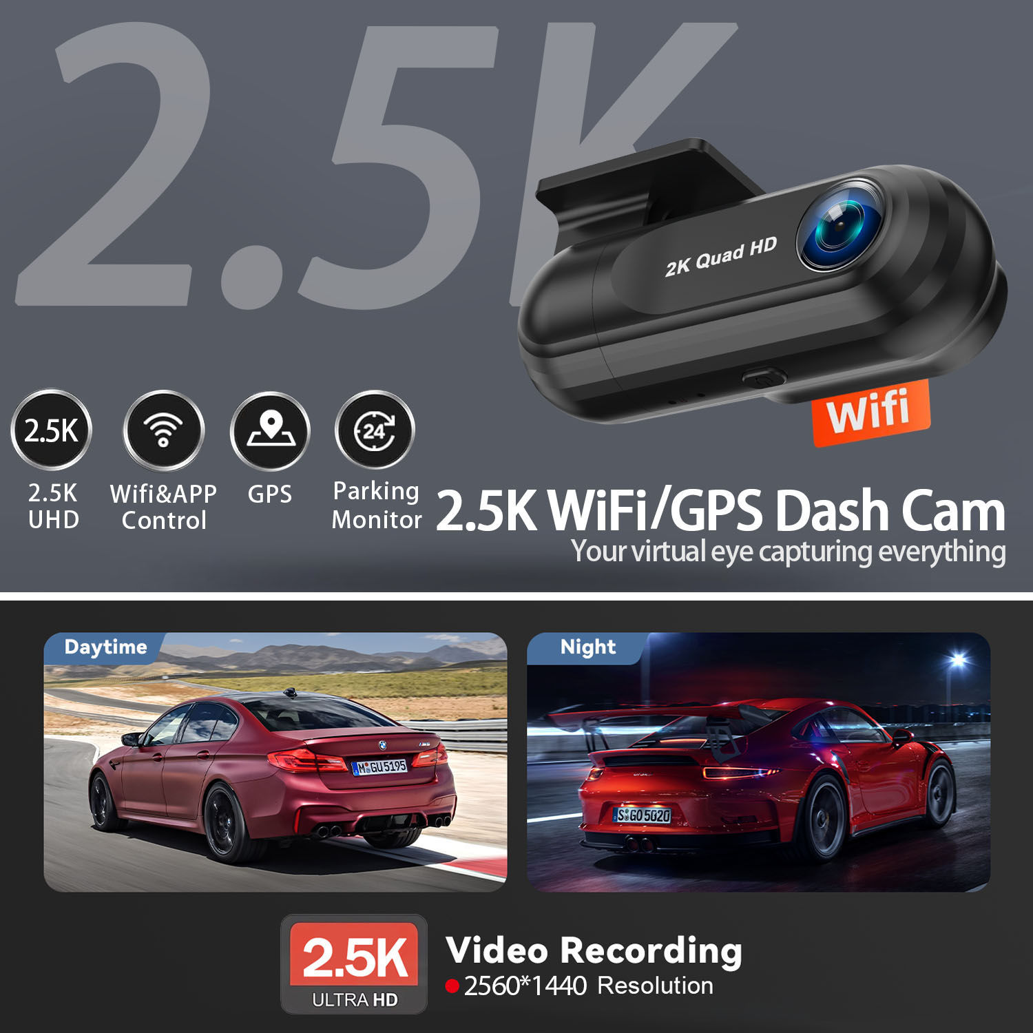 UHD 2.5K 2560*1440P Dash Cam WiFi GPS Front 2K DVR Video Recorder 24H Parking Ni product image 5