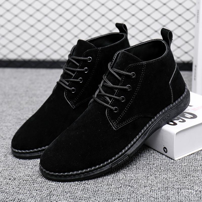 High Top Casual Grey Suede Shoes Men's Lace Up Black Flat Bottom Short Boots Men