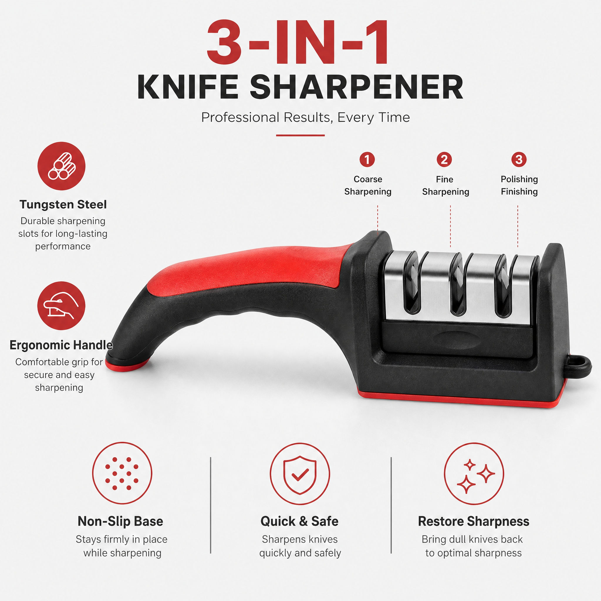 3-in-1 Knife Sharpener with 3 Tungsten Steel Stages, 21cm Sharpener for Chef & K