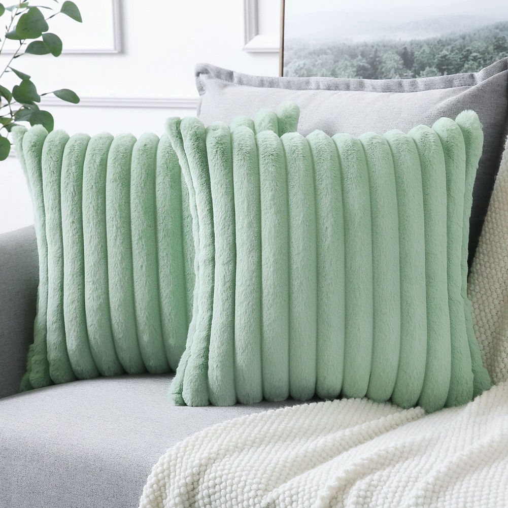 Solid Color Soft Plush Pillowcase Square Faux Rabbit Fur Ribbed Cushion Cover So
