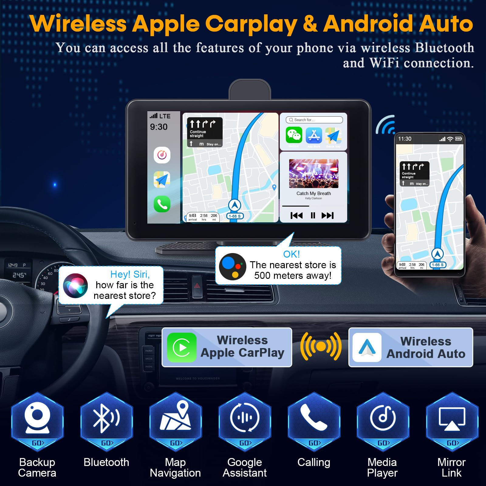 Wireless for CarPlay Dash Cam 7" Touch Screen 8.3MP 170 Angle Car Backup Camera