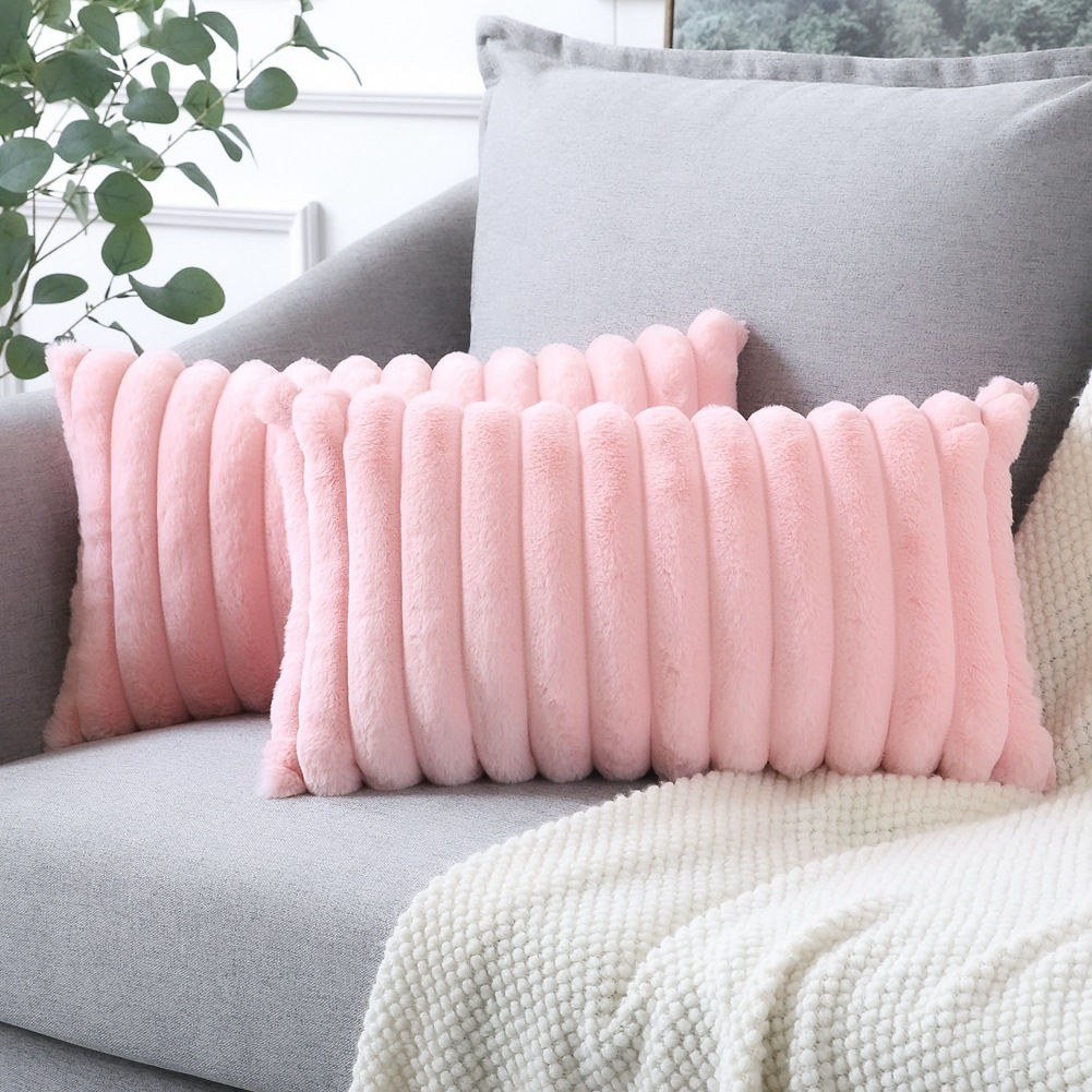 Solid Color Soft Plush Pillowcase Square Faux Rabbit Fur Ribbed Cushion Cover So