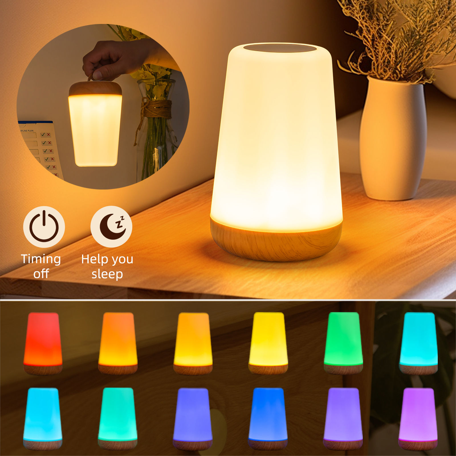 13 RGB Color Changing Portable Bedside Lamp Dimmable Remote Control USB Recharge