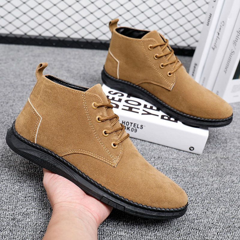 High Top Casual Grey Suede Shoes Men's Lace Up Black Flat Bottom Short Boots Men