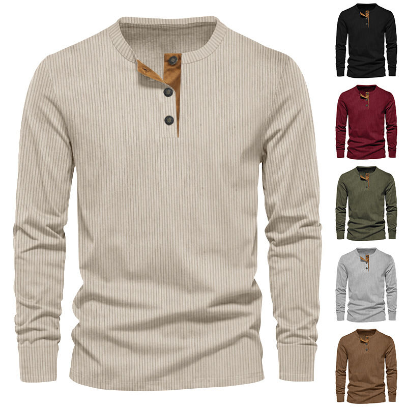 Spring and Autumn New Men's Long Sleeve T-shirt Corduroy Retro Casual Men's Clot