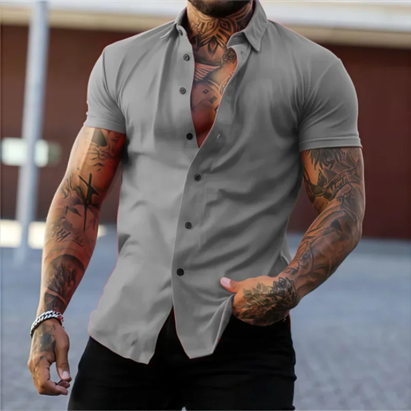 Men's Lapel Solid Color Short Sleeve Shirt Elastic Thin Casual Cardigan Non-iron