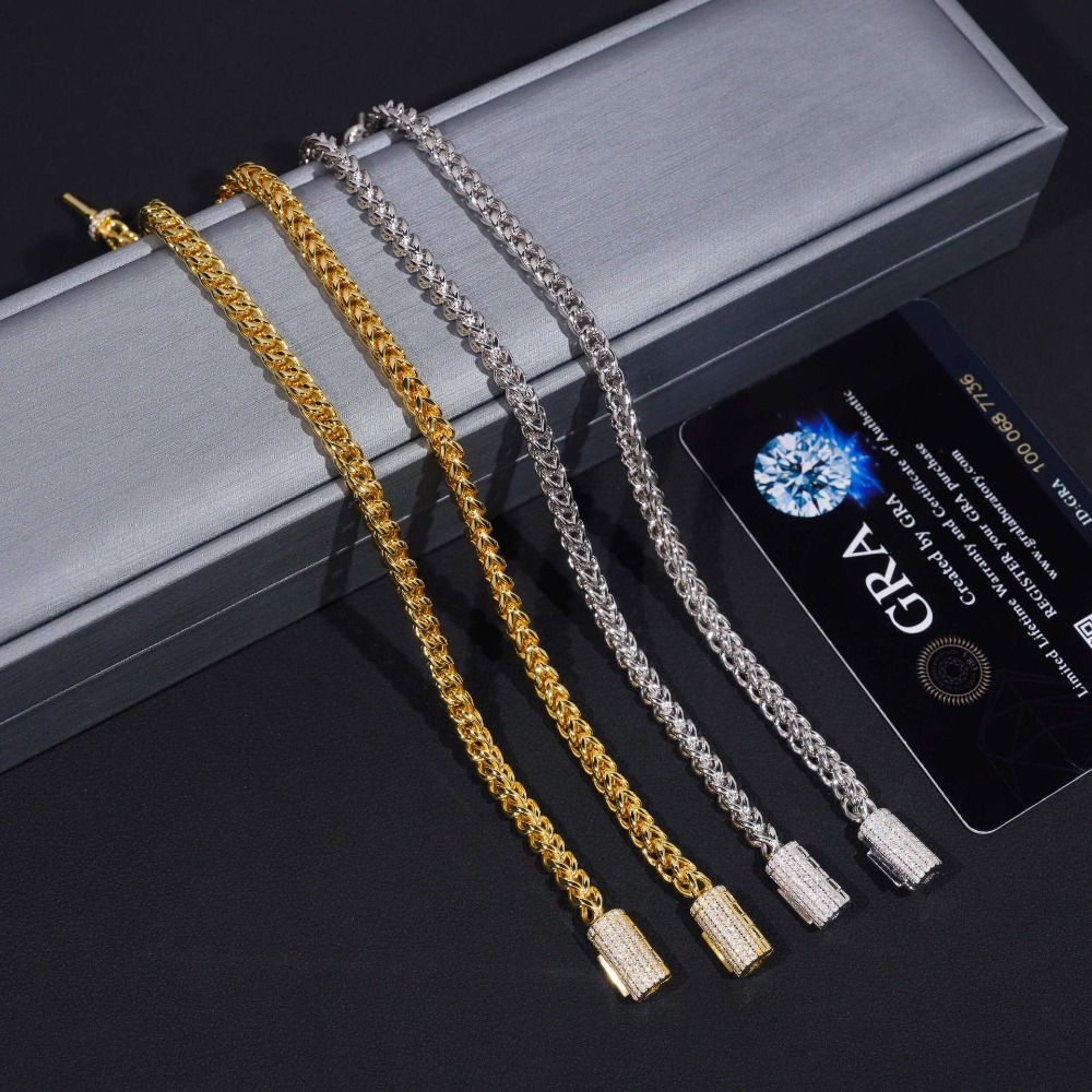 4mm D Color Moissanite Franco Chain Necklace Stainless Steel Hiphop Rock Men Sil