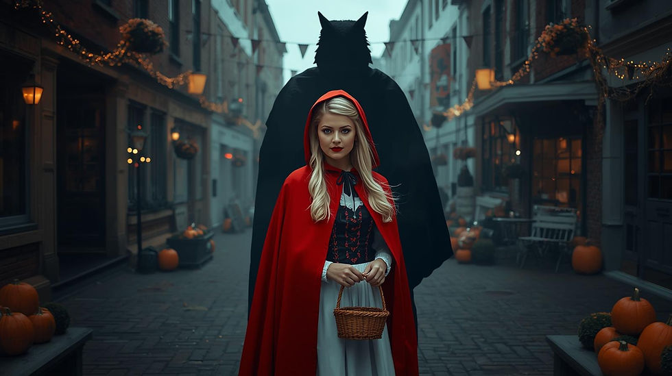 Blonde woman in her 20s dressed like little red riding hood in a small modern town, during