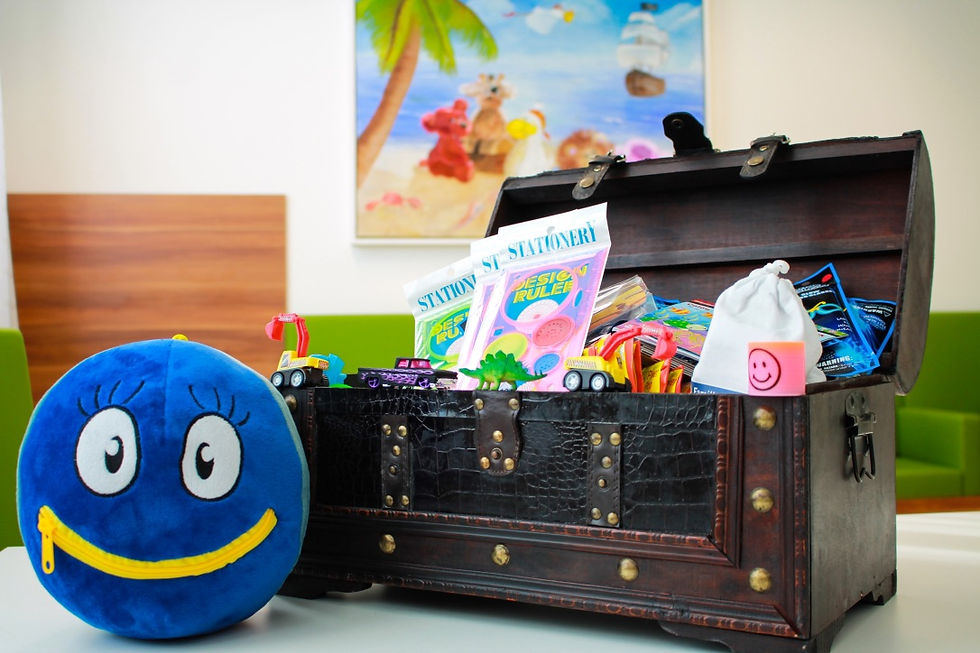 The MedAustron mascot “Protoni - the Worry Eater” and the filled treasure box for our youngest patients!