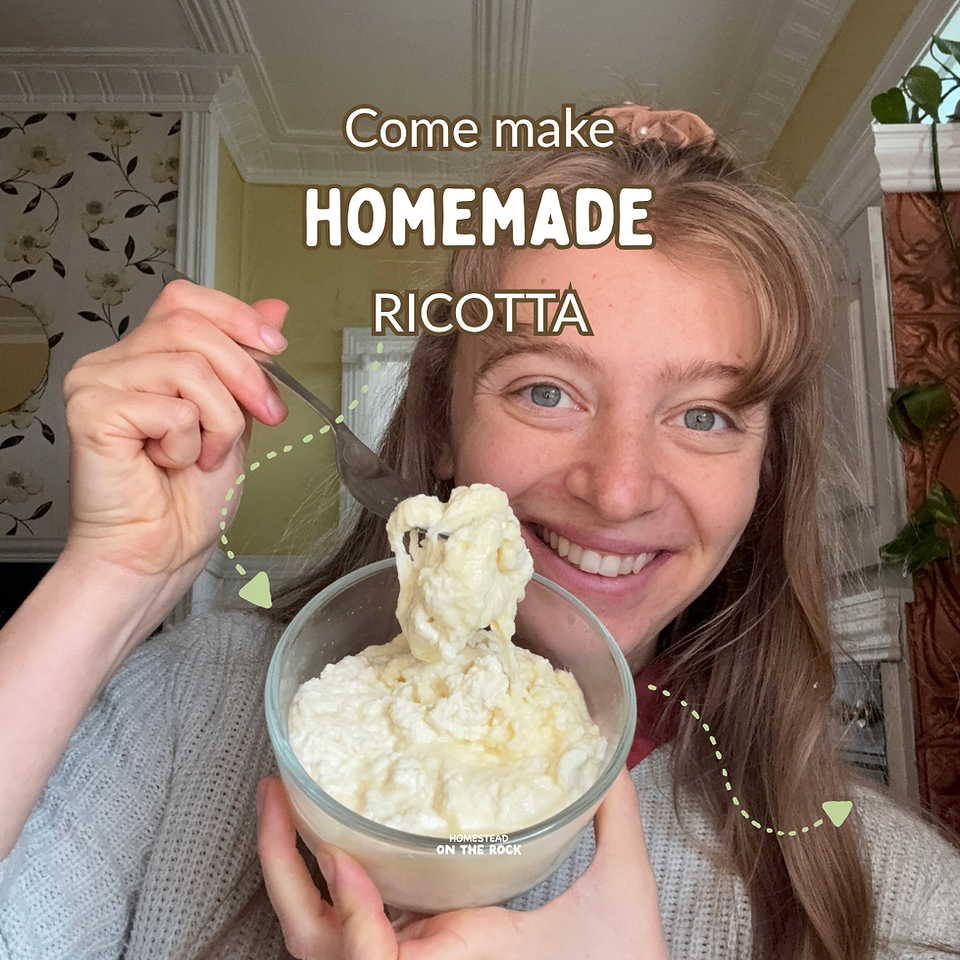 Woman holding a bowl of freshly made homemade ricotta with a spoon.