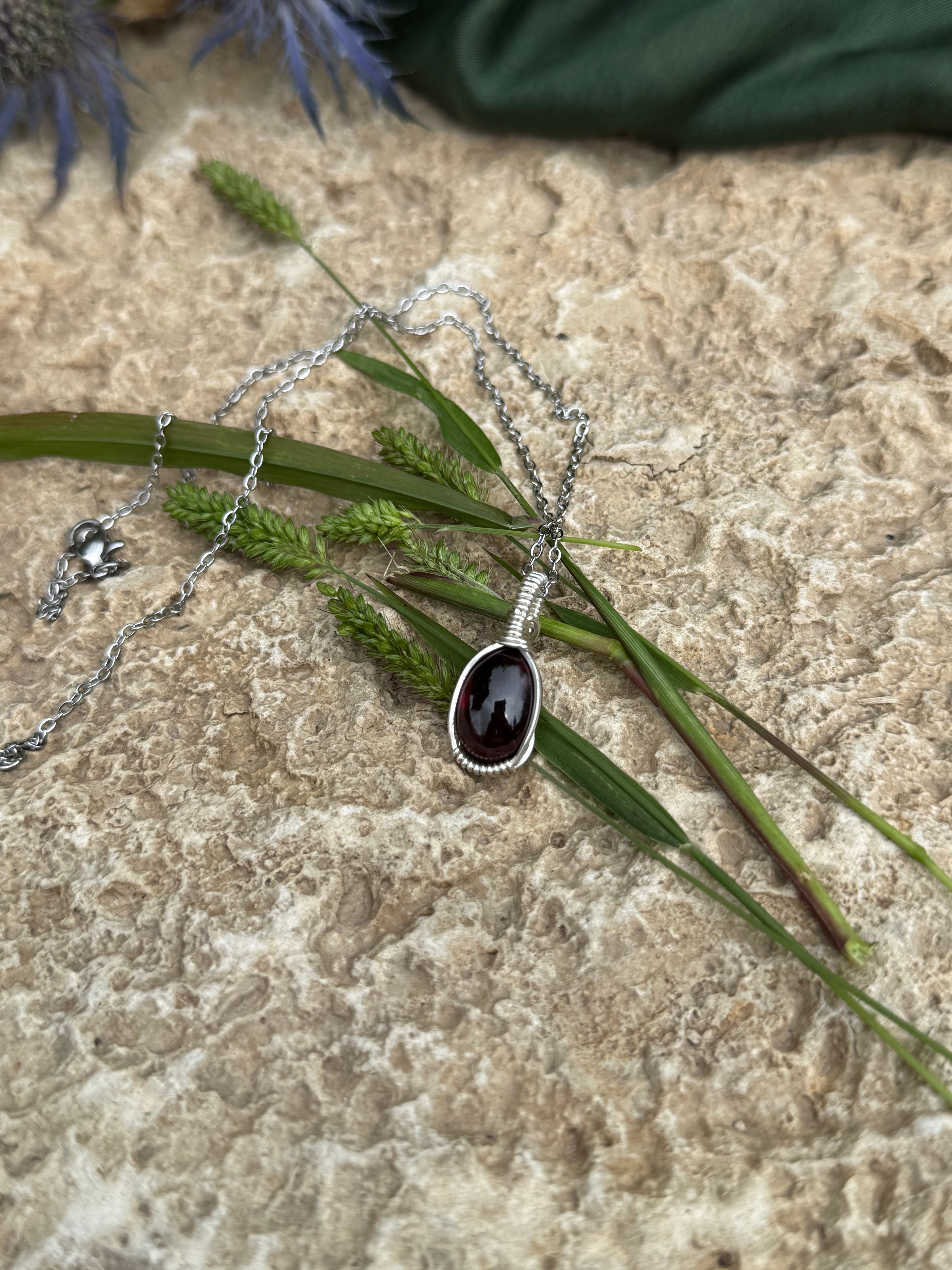 Garnet Pendant - Hand wrapped in 925 sterling silver wire