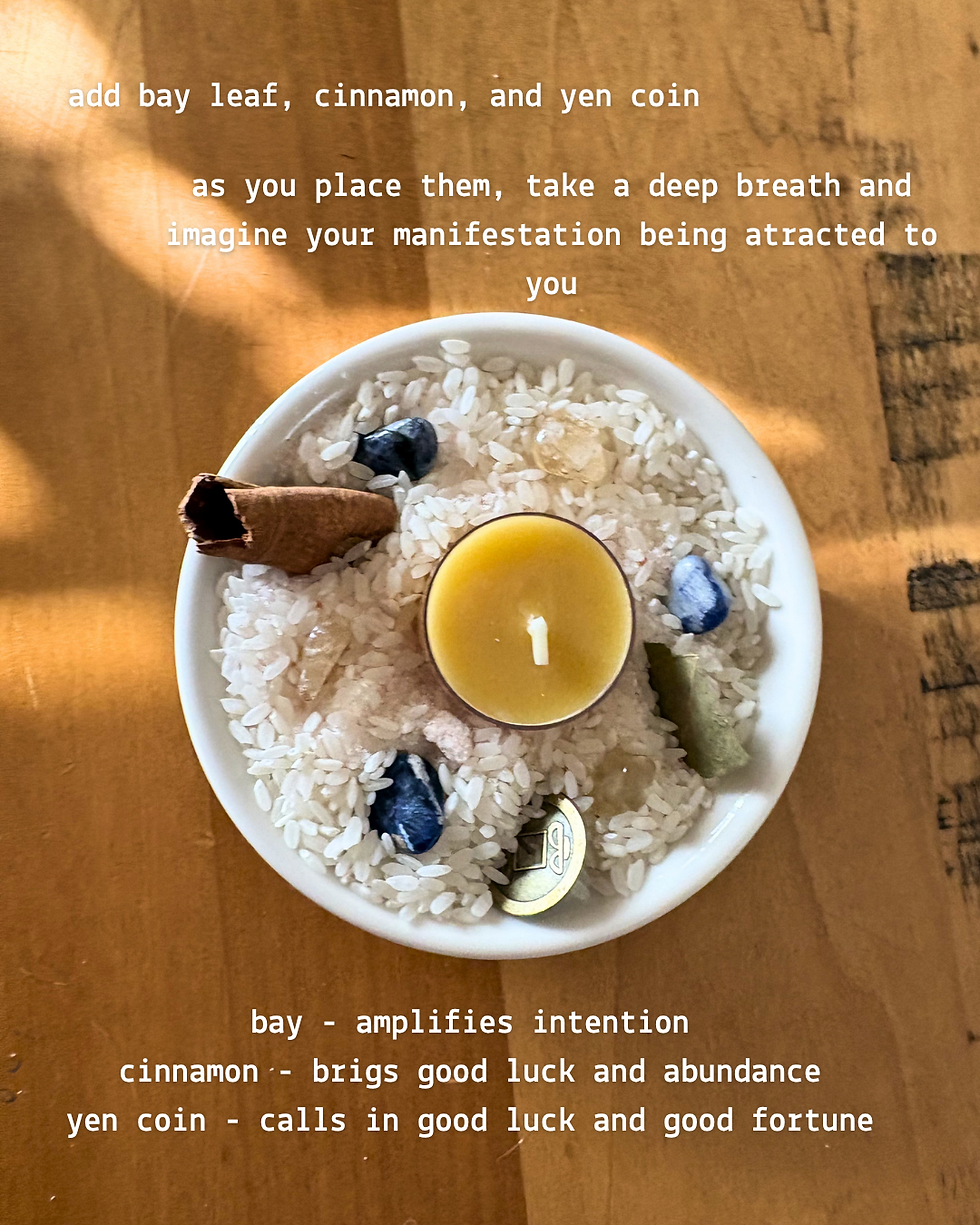Manifestation abundance bowl with rice, salt, citrine, sodalite, cinnamon, bay leaf, yen coin and candle