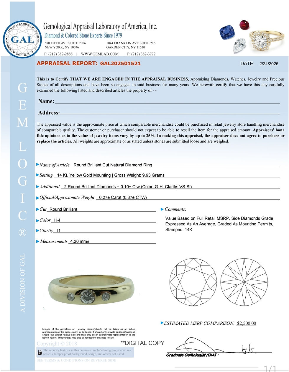 Thumbnail: Round Brilliant Cut Natural Diamond Ring